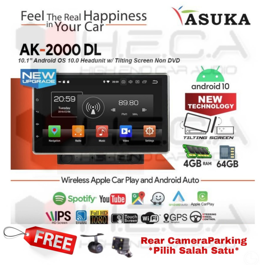 Asuka AK-2000DL Head Unit Android Tape Audio Mobil AK-2000 DL Deckless + Camera