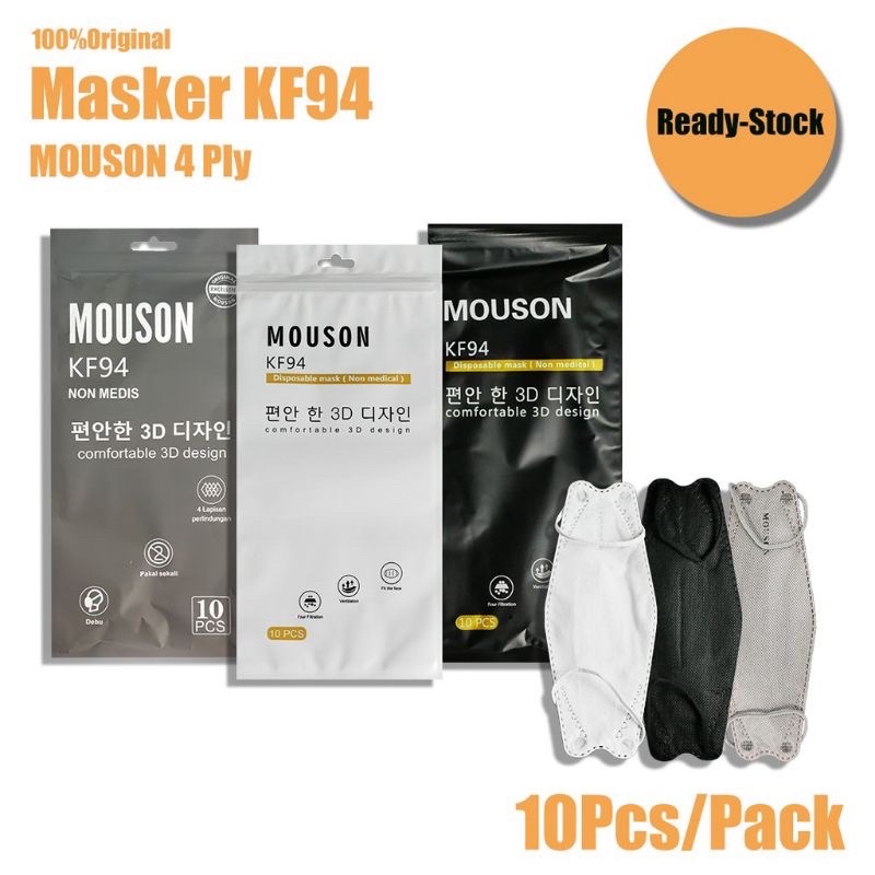 (Embos)Masker KF94 MOUSON Warna Hitam Putih Abu  4 Ply  Isi 10 Pcs per pack