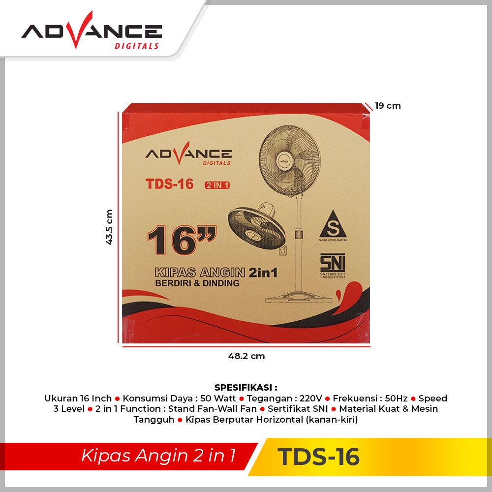 Advance Kipas Angin 2in1 Stand/Desk/Wall TDS-16 Garansi Resmi Advance 1 Tahun Kipas Tornado