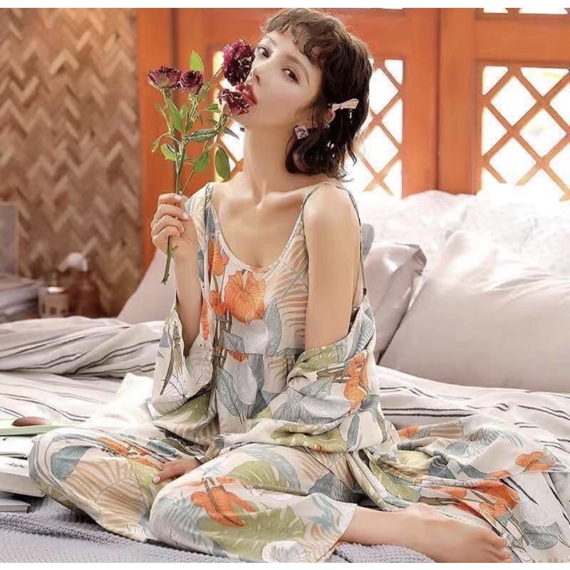 PIYAMA WANITA KAOS SPANDEX IMPORT BAJU TIDUR TANKTOP PREMIUM KIMONO SET 3IN1 ALL SIZE READY STOCK