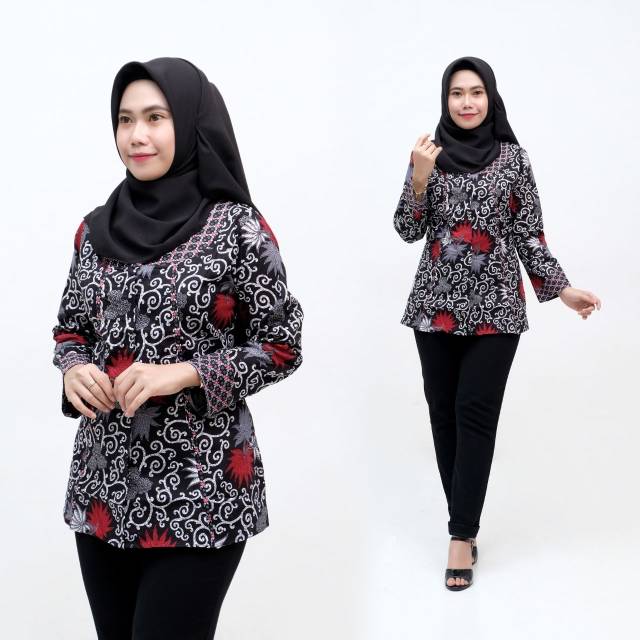 ATASAN BATIK WANITA LENGAN PANJANG BLOUSE BATIK KANTOR MOTIF KEMBANG LANGIT TERLARIS BATIK OZILA