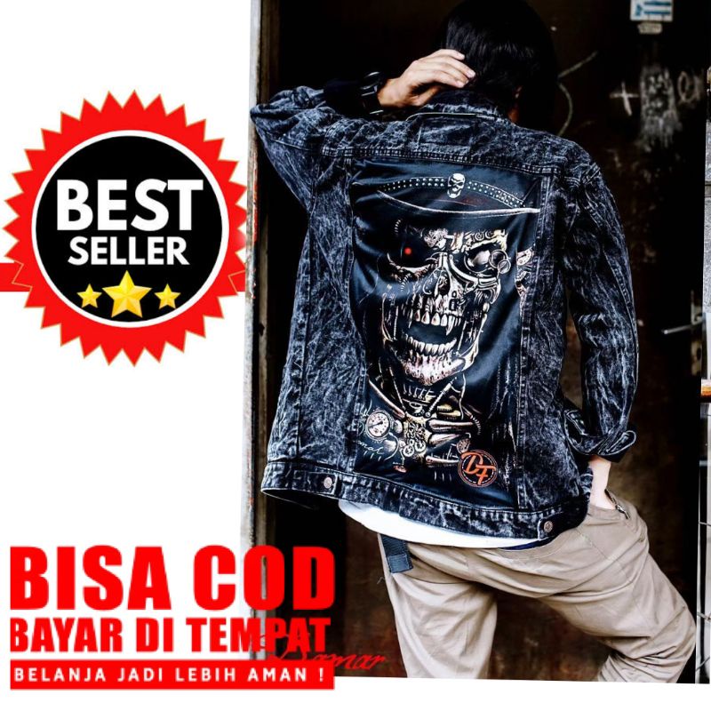 JACKET GAMBAR JEANS PRIA PRINTING BELAKANG COWOK DENIM WASHING