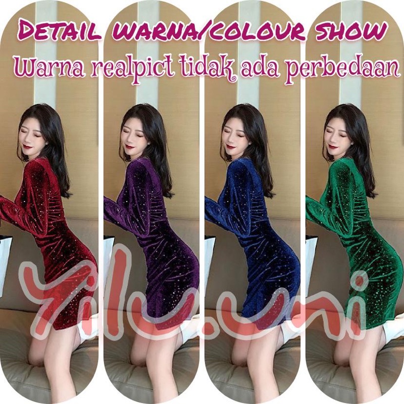 H7 MD14/195 Korean mini dress velvet blink2 panjang v neck belahan tali serut / bodycon dress / dress malam / gaun pesta