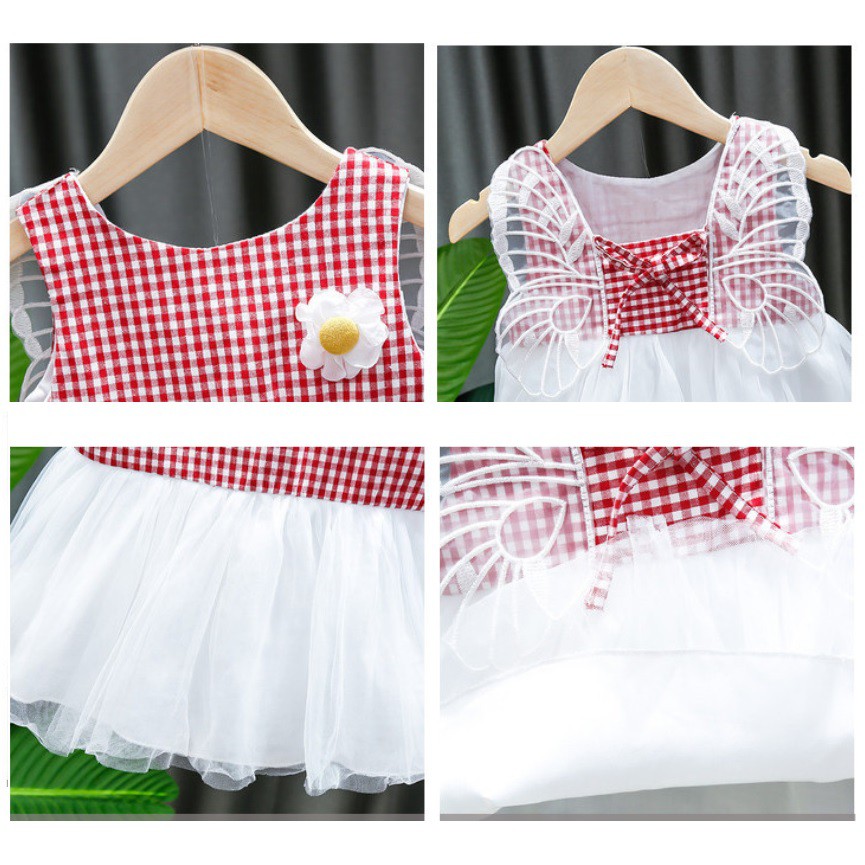 D015- Dress bayi /baju dress anak /pakaian bayi anak perempuan motif sayap kotak2 dengan bunga