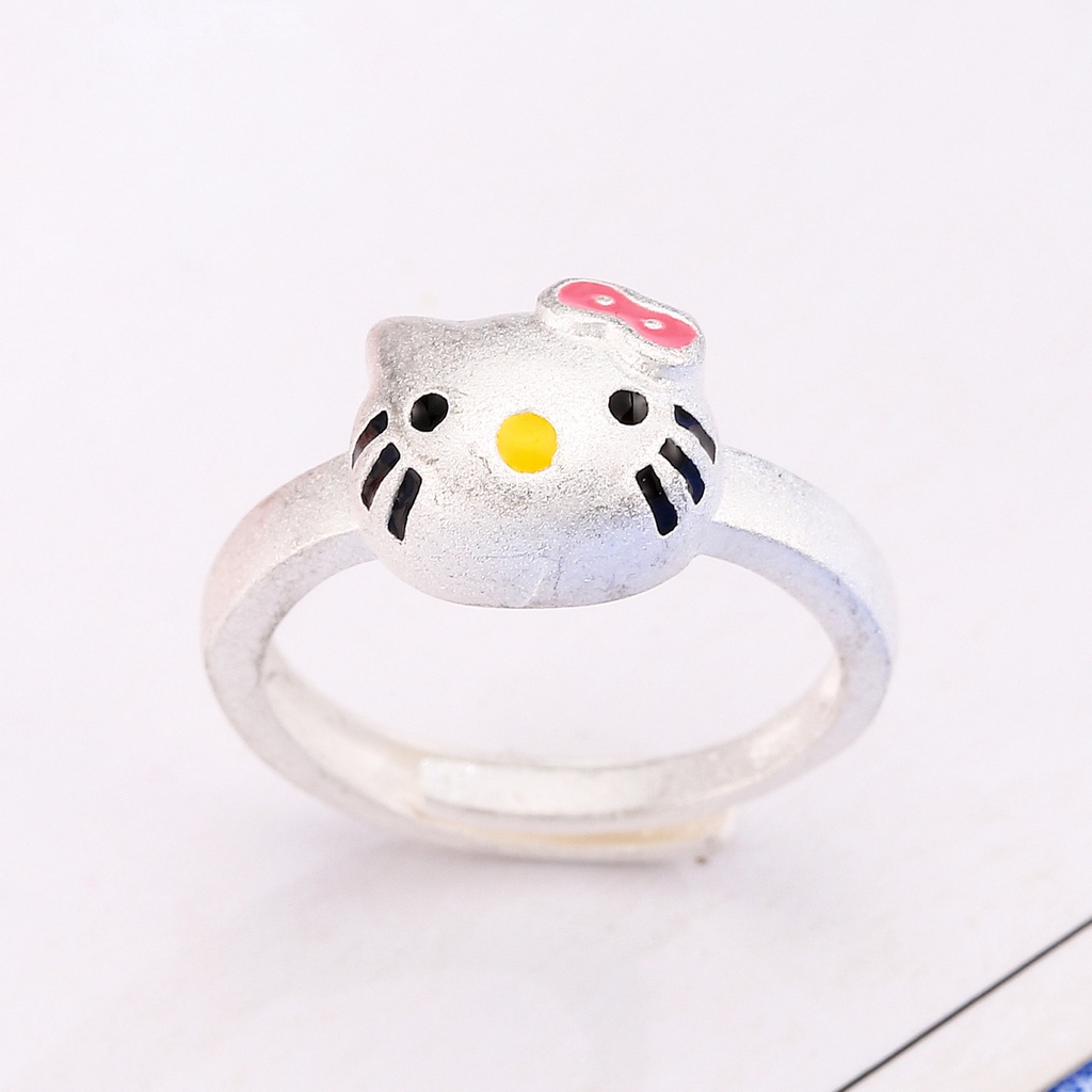 Cincin Model Terbuka Desain Kartun Hello Kitty Bahan Stainless Steel Lapis Silver Untuk Wanita