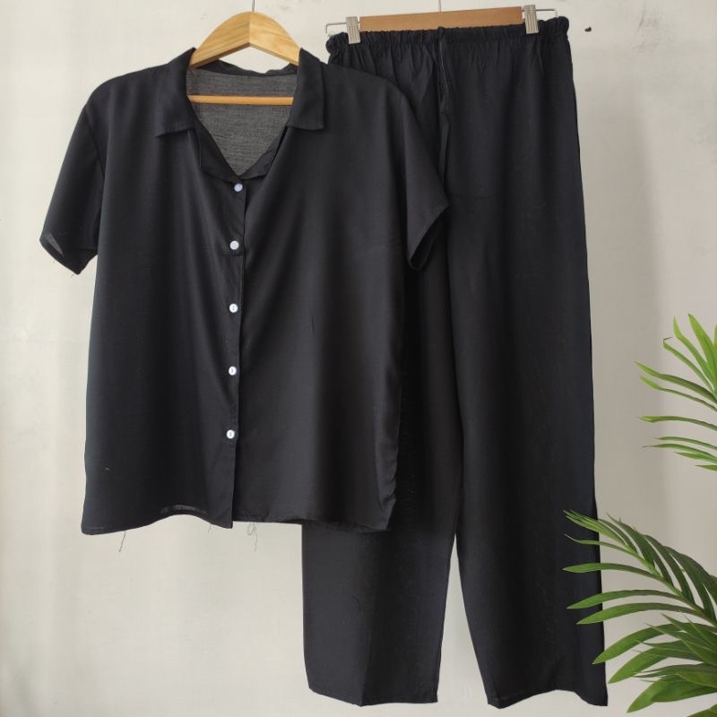 BAJU TIDUR XXXXXL JUMBO LD 140 LENGAN PENDEK RAYON POLOS PIYAMA SLEEPWEAR TERMURAH-Hitam