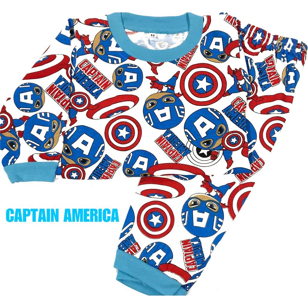 (1 KG MUAT 7 STEL) BAJU TIDUR ANAK KIDS LAKI-LAKI/COWOK SETELAN/STELAN BAHAN KAOS KATUN COMBED 1-4 TAHUN CAPTAIN AMERICA/HERO