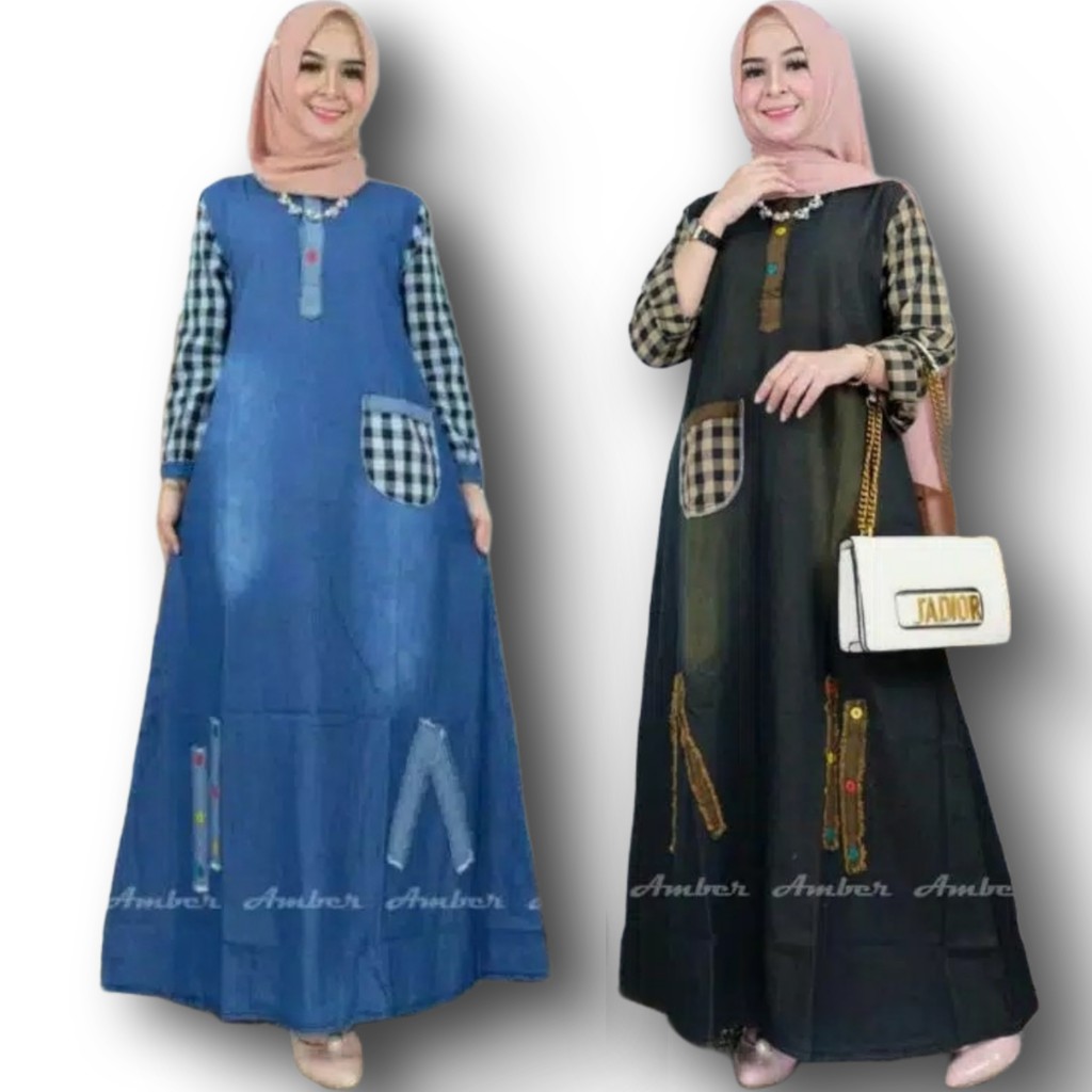 gamis denim dress moela maxy (premium gamis jeans wash aksen bordir)