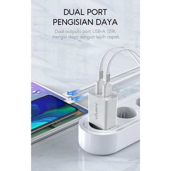 VIVAN Dual USB Charger 2.4A DD02 12W with Charging Cable - Black and White