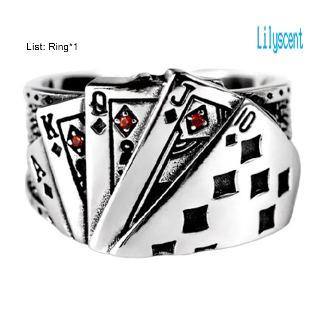 Cincin Model Terbuka Lapis Silver Dapat Disesuaikan Motif Kartu Poker Gaya Punk Untuk Pria