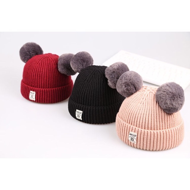 Kiddiwear/Topi Hangat wol lembut dengan hiasan bola POM-POM untuk bayi TP8