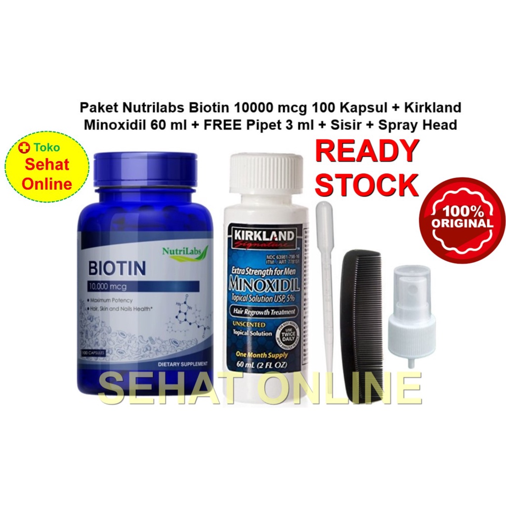 Paket Kirkland Minoxidil 60ml + Nutrilabs Biotin 10000 mcg USA