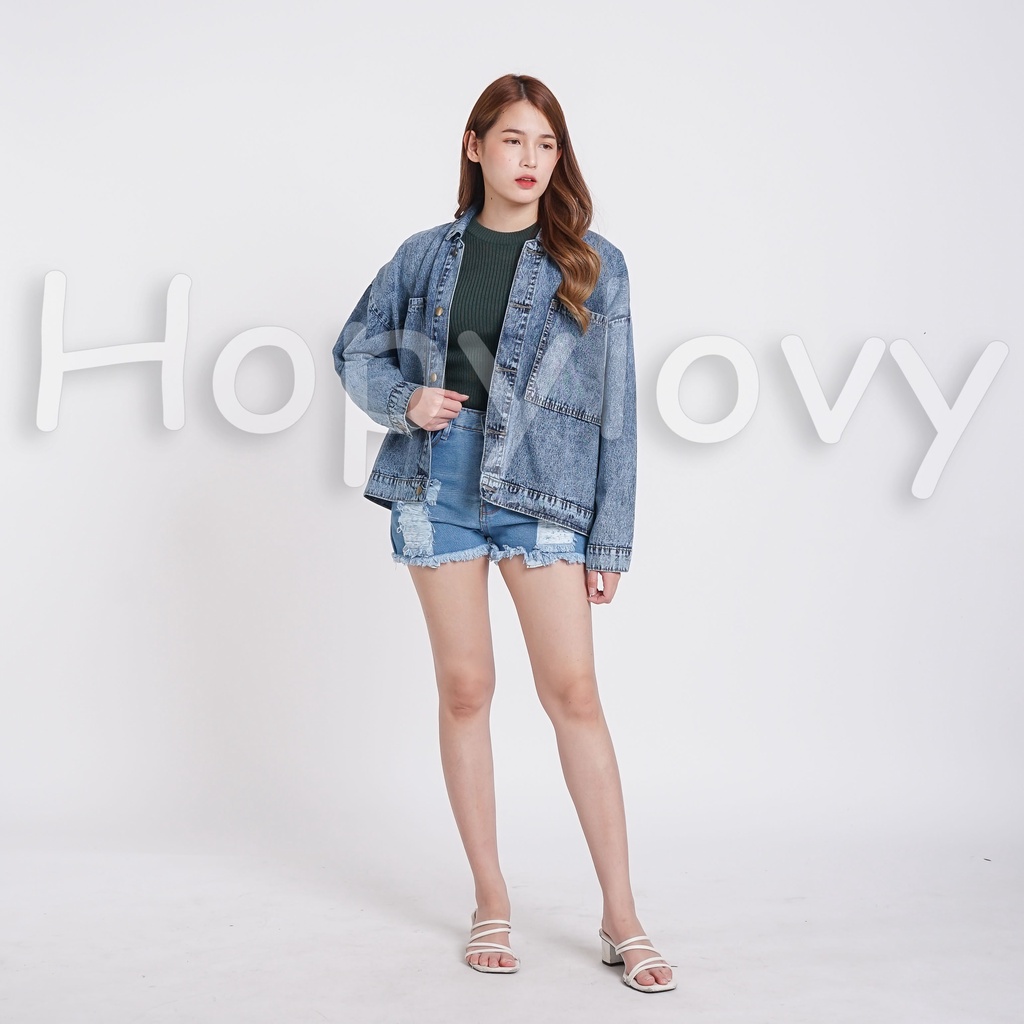 HOPYLOVY Jaket Jeans Wanita Oversize Kantong Besar Snow Acid Malorie