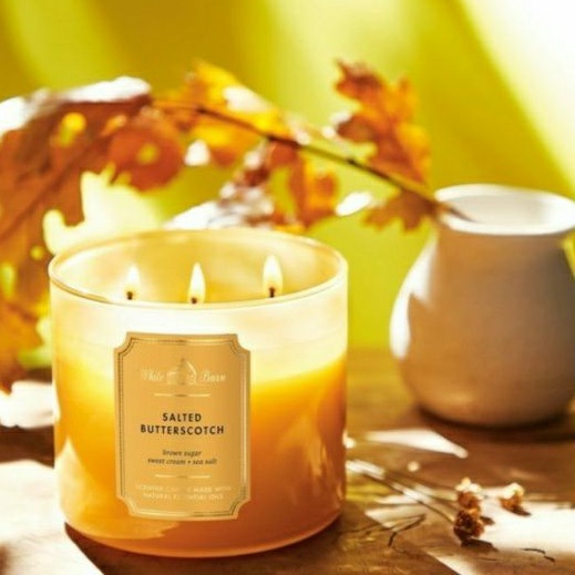 BATH &amp; BODY WORKS BBW SALTED BUTTERSCOTCH 3 WICK CANDLE 411 G LILIN 3 SUMBU PENGAHRUM RUANGAN