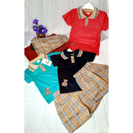 SETELAN CELANA IMPORT MOTIF BURBERRY KAOS KERAH ANAK COWOK