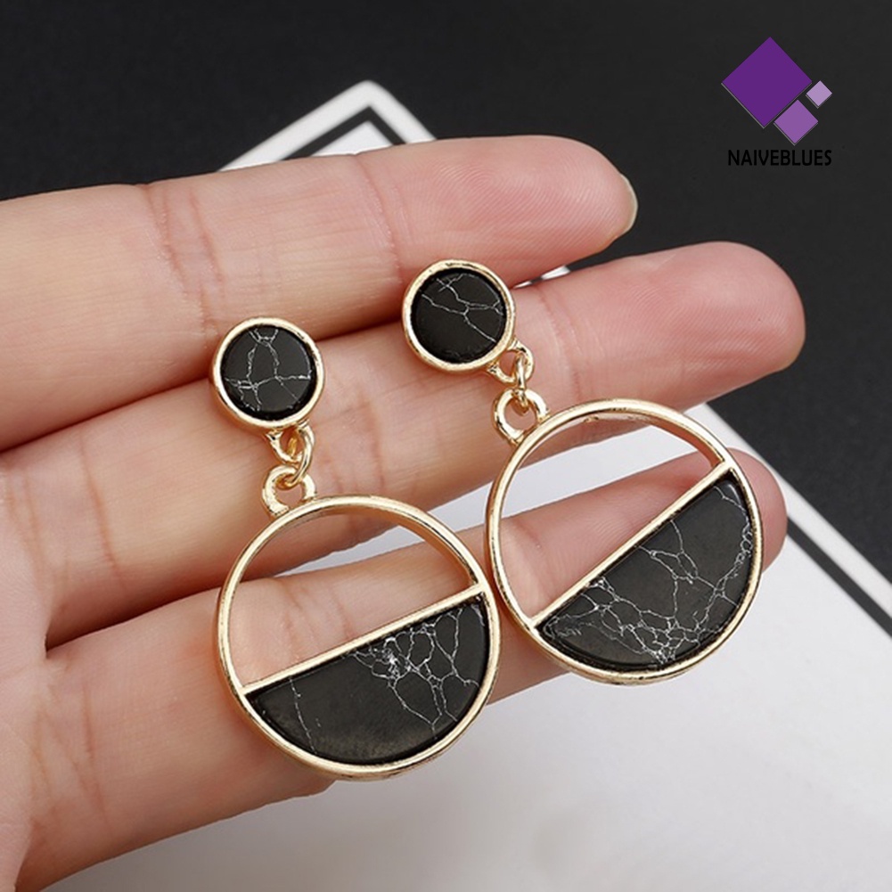 Anting Stud Bentuk Bulat Motif Marmer Untuk Wanita