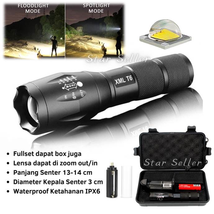 Paket Box Senter LED Super Terang Jarang Jauh Anti Air Tahan Banting XM-L2 XML-T6 8000lumens Fullset