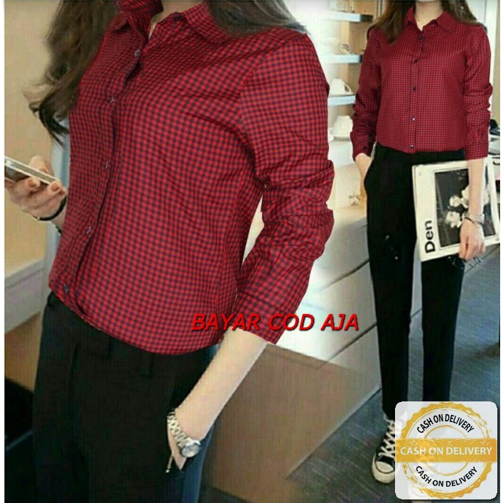 Bb Cardinal Kemeja, Atasan, Hem Lengan Panjang Wanita HB528 [ Francis Hp Ve] Katun Stripe - Maroon