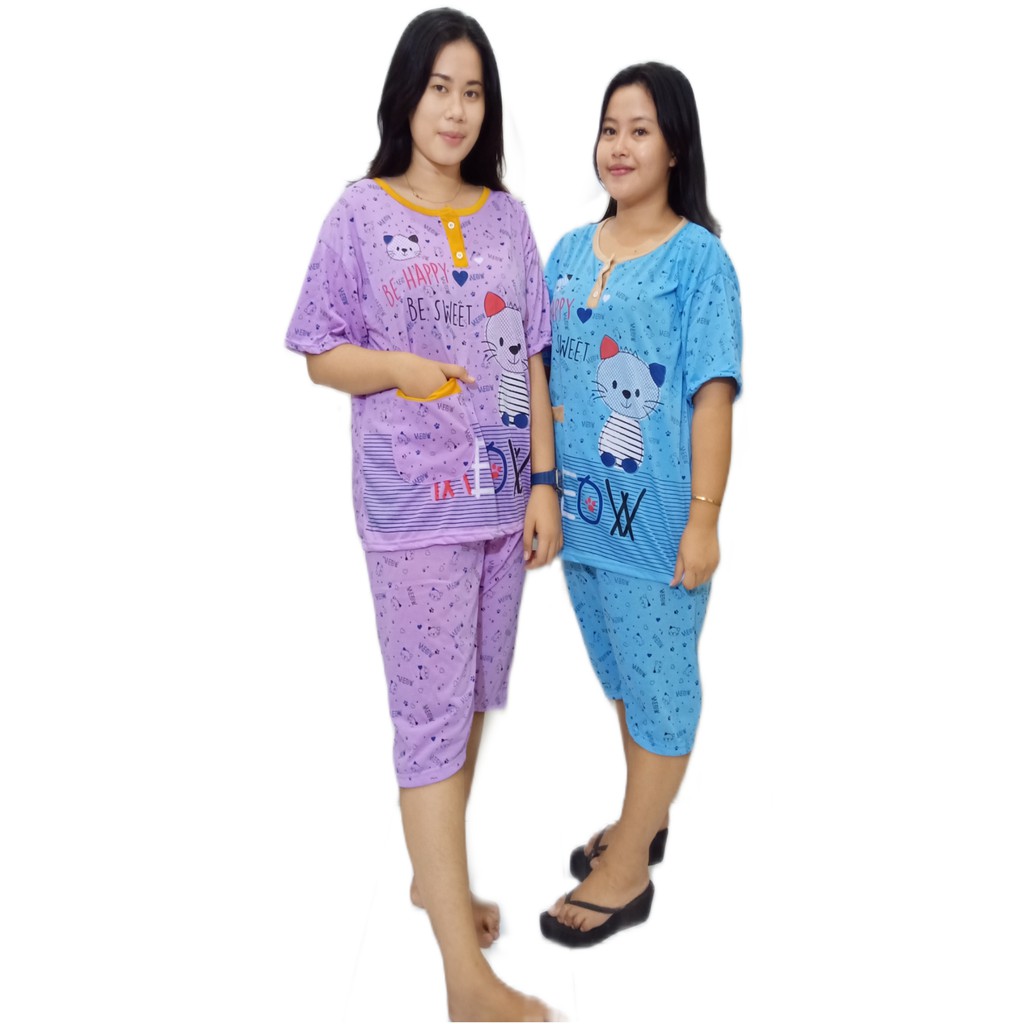 Baju Tidur Wanita 3/4 Jumbo NB Bahan Tebal MEOW HOKI WARNA ACAK-1