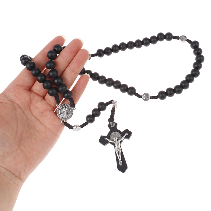 Hbid Kalung Doa Rosario Manik Kayu Hitam Pendant Salib Yesus Gaya Antik