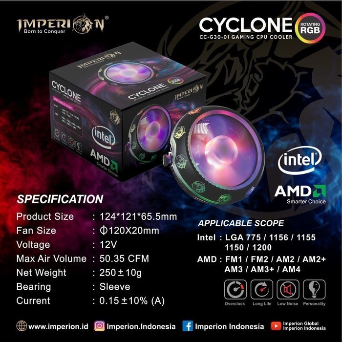 Cpu Cooler Gaming imperion combo intel &amp; amd combo RGB cyclone CC-G30-01 - Fan processor universal