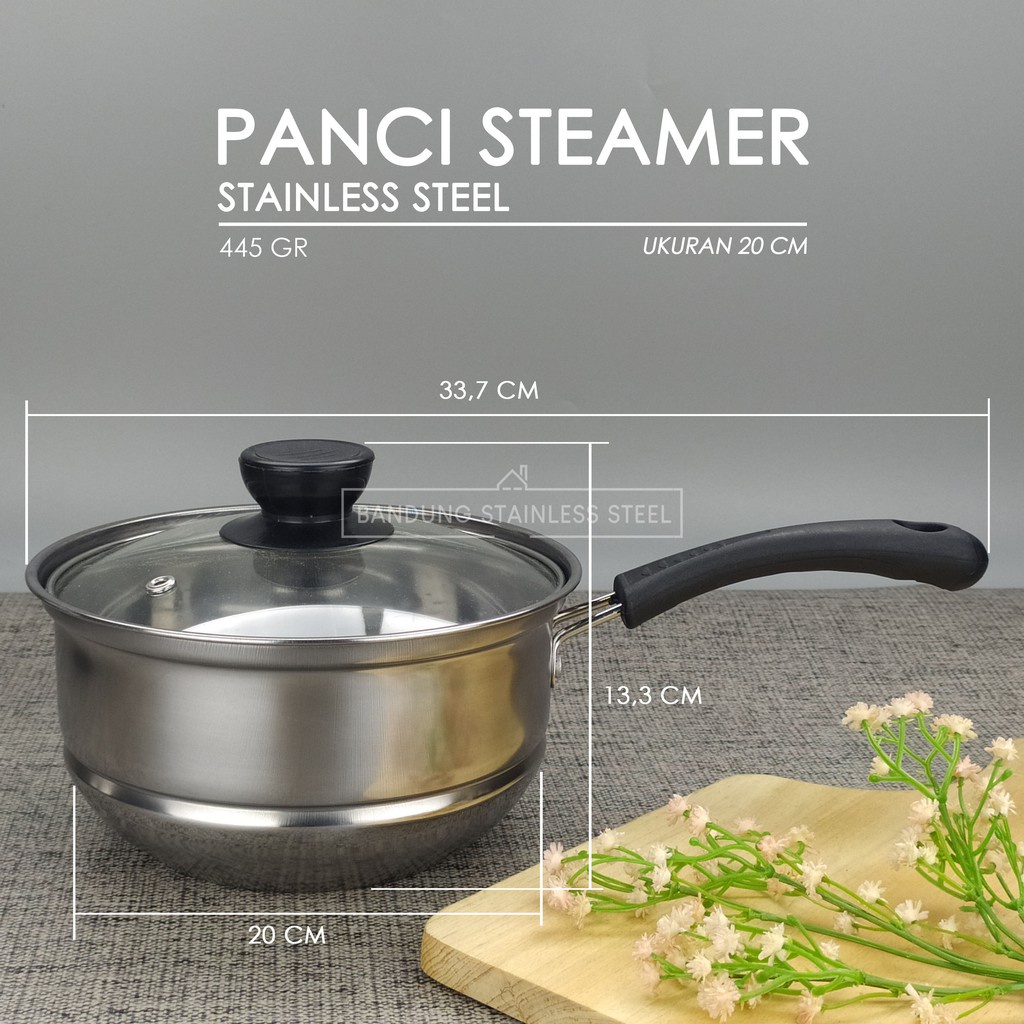 Promo! Panci kukus steamer 18cm  20cm milk pot stainless steel tutup kaca murah