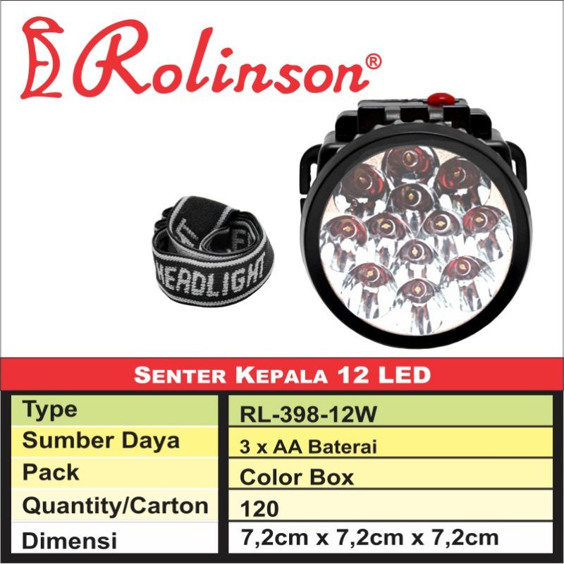 senter kepala 5w rolinson 12led baterai