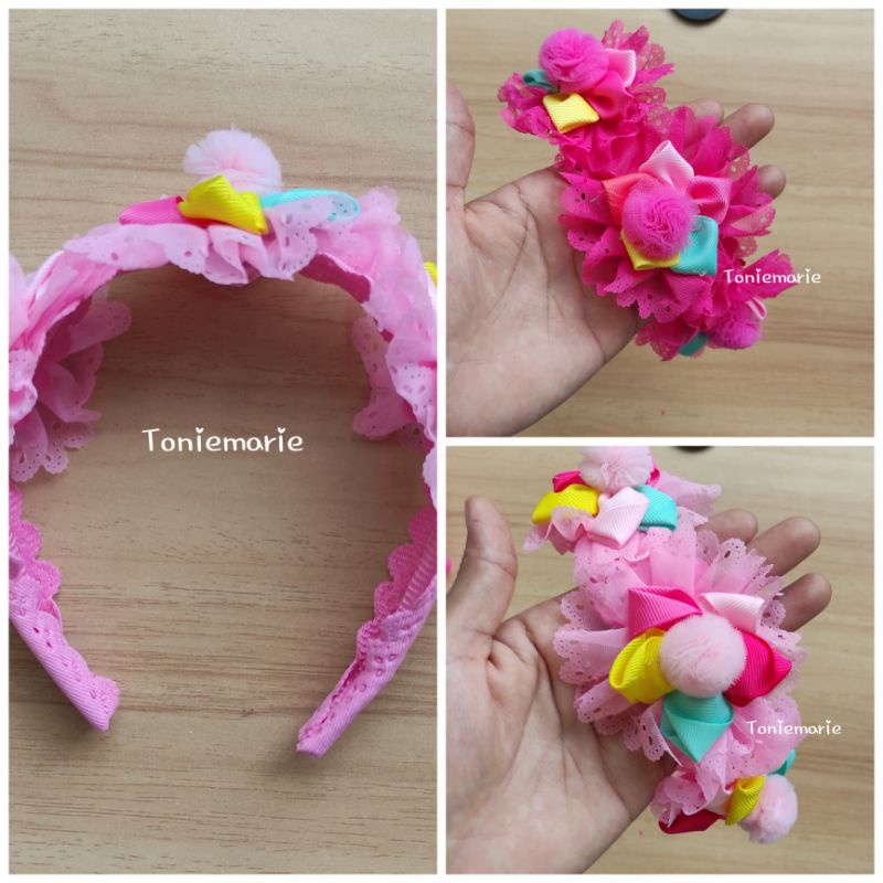 Bando Bunga Pompom - Bando Renda Bunga - Bando Bunga - Bando Anak - Bandana Anak - Bando Anak Lucu
