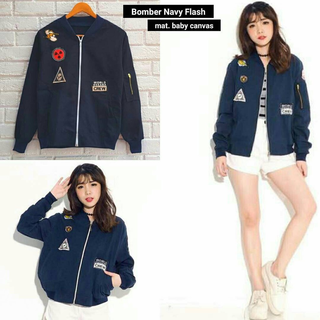 Bomber Navy Flash Jaket Wanita Korean Style Bomber Navvy Flask