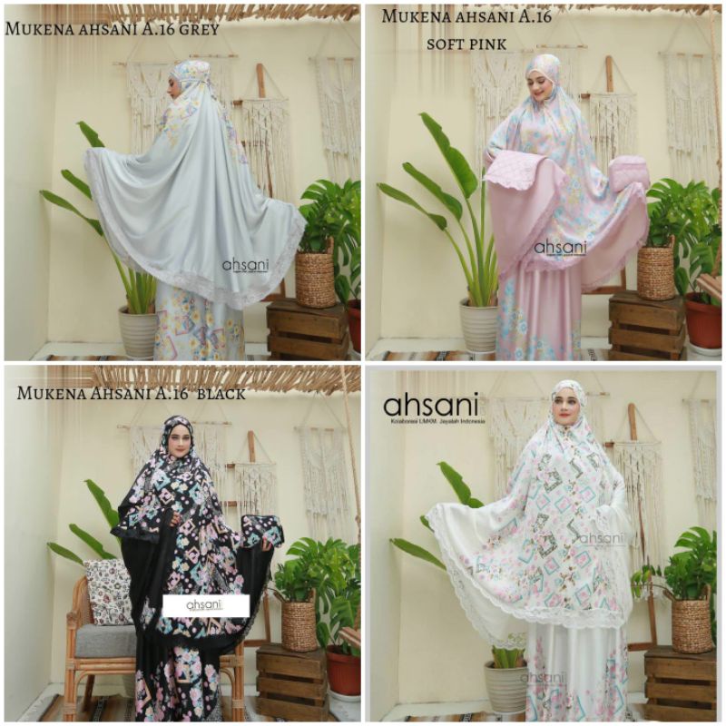 MUKENA JUMBO TWO TONE AHSANI A.16 MUKENAH ARMANI LEMBUT RINGAN PUTIH HITAM PINK GREY