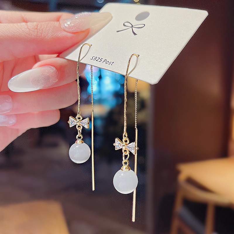 Shuling S925 silver needle Opal Bow Earrings Long Tassel Earring Female Ear Line Women Ear Jewelry