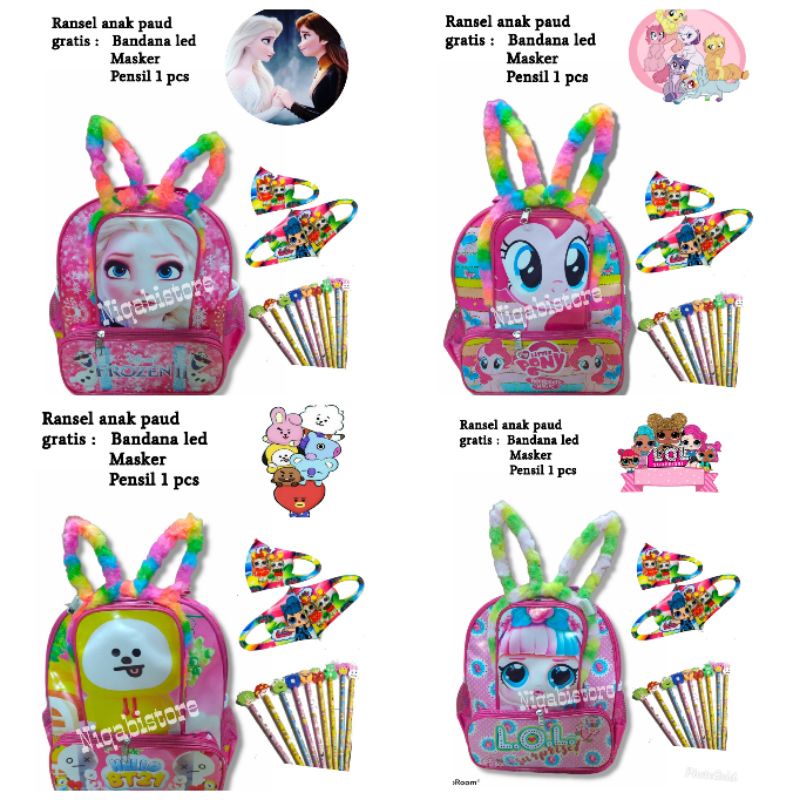 Tas ransel anak paud TK gratis bandana led masker dan pensil