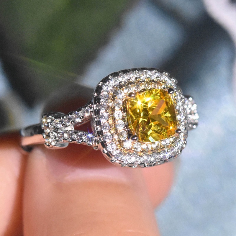 Cincin Berlian Kuning Imitasi Bentuk Kotak Untuk Wanita