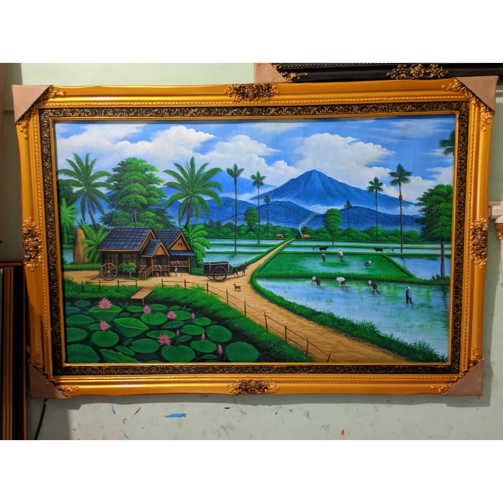 lukisan pemandangan alam sawah asli media kanvas sudah dgn pigura nya ukuran 135cm x 85cm