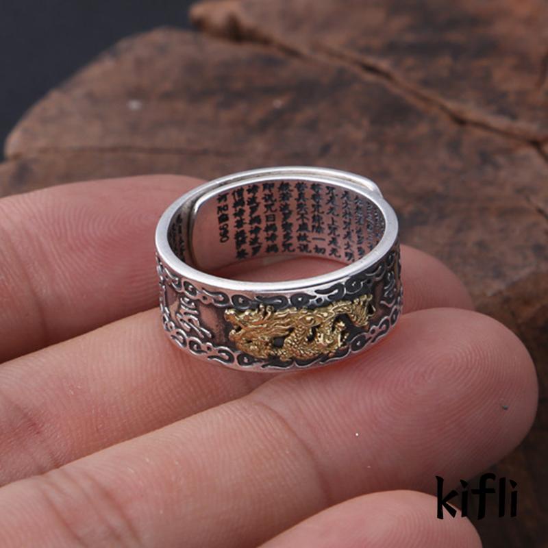 Cincin Model Terbuka Bahan Sterling Silver Desain Naga Terbang Gaya Trendy / Retro Untuk Pria (KD)