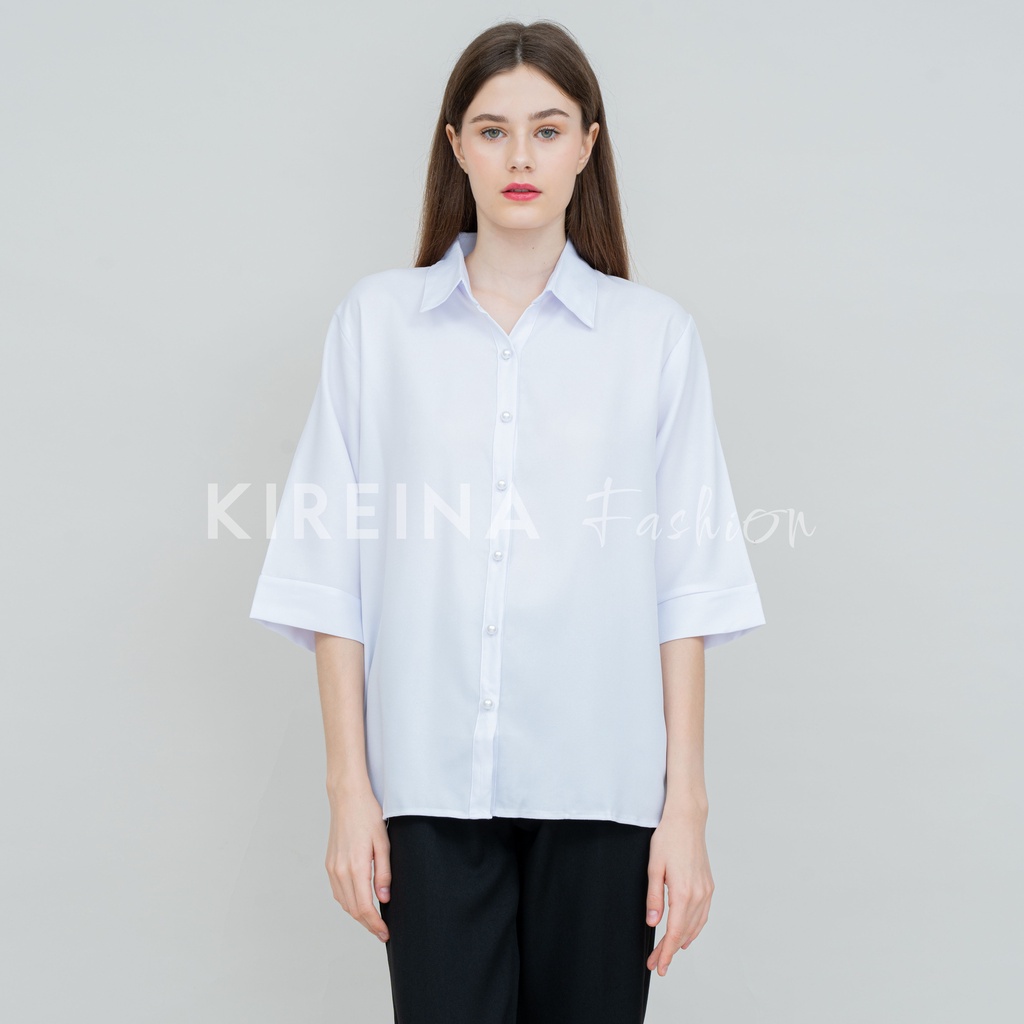 Kemeja Putih Wanita Premium Lengan 3/4 Warna Putih Bahan Moscrape Premium | Kireina Fashion