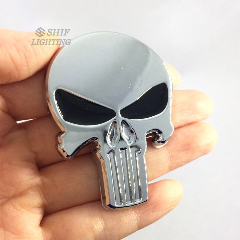 1Pc Stiker Emblem / Badge Motif Punisher Tengkorak 3D Bahan Metal untuk Body Mobil