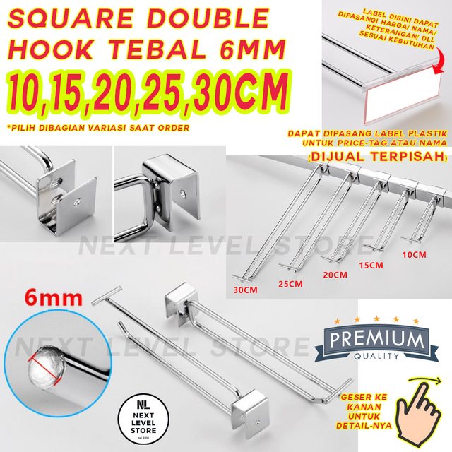 Single Hook Double Kotak Ram 10 15 20 25 30 CM TEBAL 6mm Stainless Display Cantolan Pipa Label Harga Price Tag