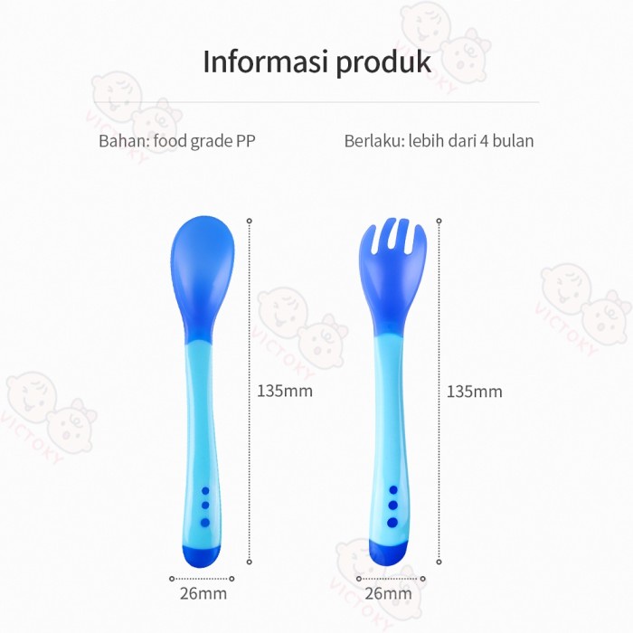 1 Set Sendok Makan + Garpu Bayi Sensor Panas – AC 39 – Alat Peralatan Makan Untuk MPASI Bahan Silikon / Silicone / Silicon BPA Free – Perlengkapan Tempat Alat Makan Set dengan sensor suhu makanan untuk merawat Kesehatan gigi dan mulut Bayi