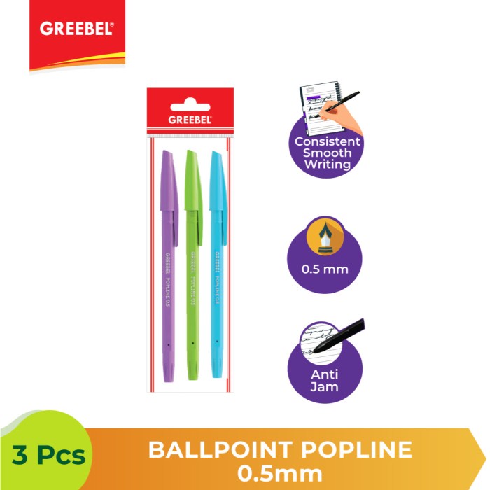 Ballpen Pulpen Greebel Ballpoint Popline0.5 Black - 3pcs.