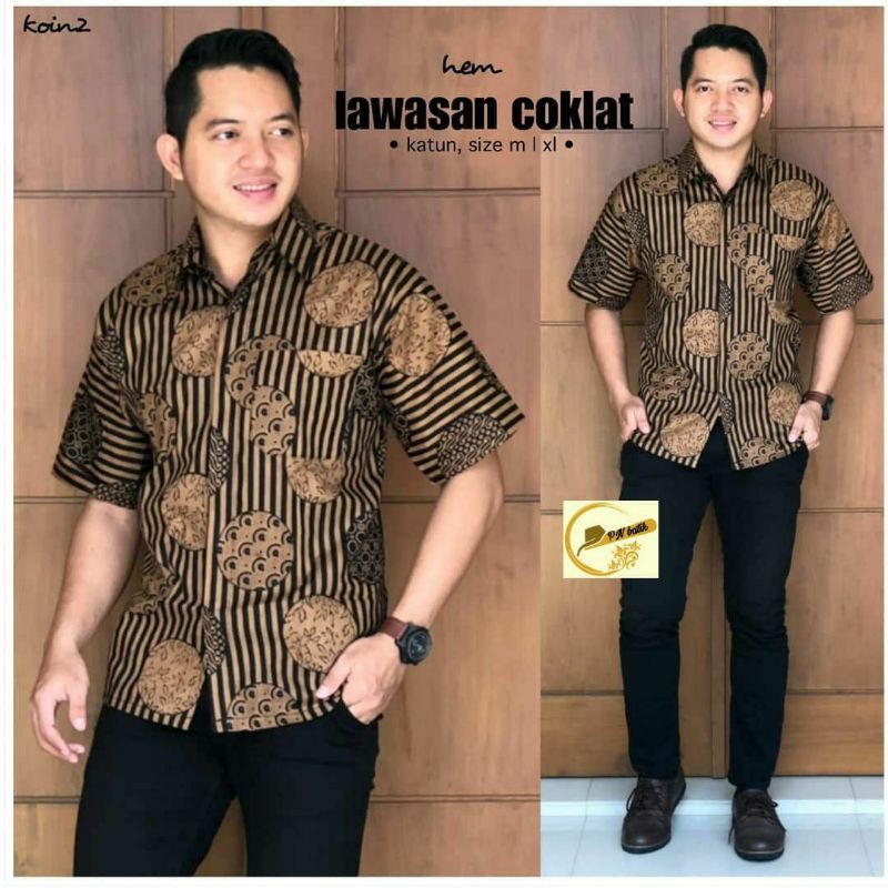 Risna Batik HRB026 Kenongo Hem Kemeja Batik Pria Lengan Pendek Katun Primis Premium Halus M L XL XXL-Koin Salur