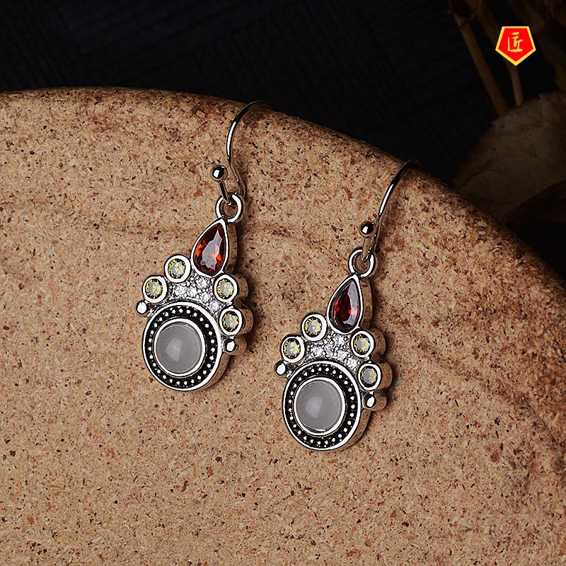 [Ready Stock]Silver Creative Cat's Paw Footprints Moonstone Earrings