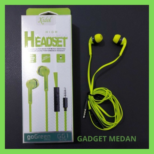 HANDSFREE HF HEADSET XIDOL GO GREEN GG2 NON KARET SUPER BASS WARNA HIJAU ONLY- GADGET MEDAN