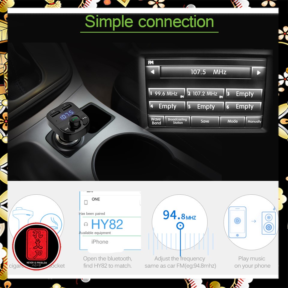 Bluetooth Audio Receiver FM Transmitter Handsfree with USB Car Charger - HY-82 - Black