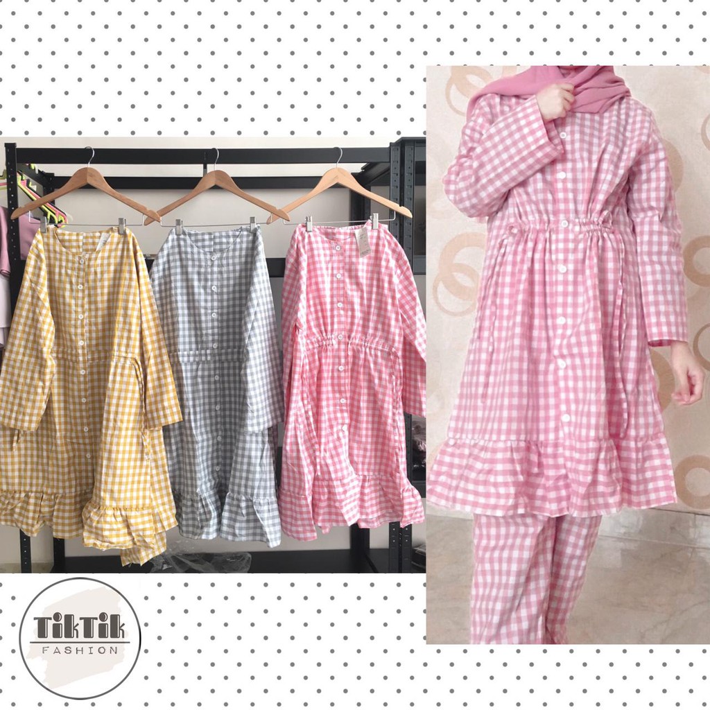 setelan celana tunik kotak rempel busui kancing