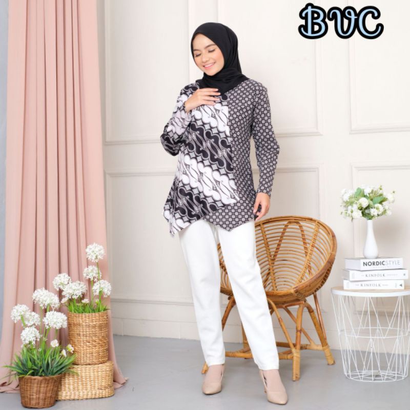 tey-17 Batik Wanita ASJ SA HRB026 Kenogo Kemeja Tosca Pendek-B truntum hitam