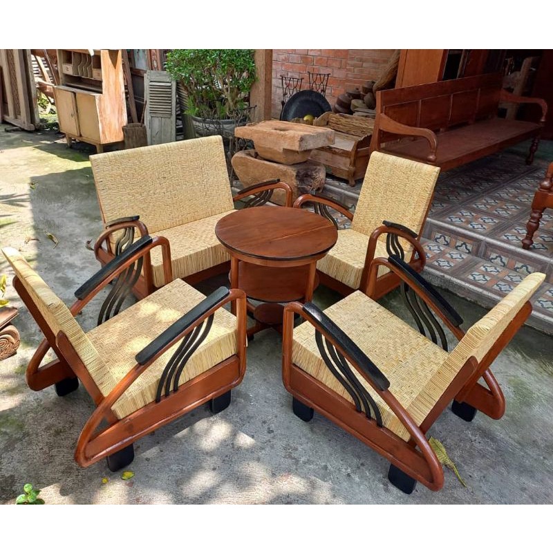kursi tamu sedan antik kuno vintage jati kombinasi rotan - kursi becak - kursi perahu - kursi tamu l