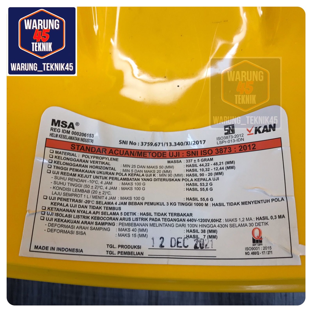 HELM PROYEK SAFETY V GUARD MERK MSA SNI LOKAL SUSPENSI STANDARD - KUNING