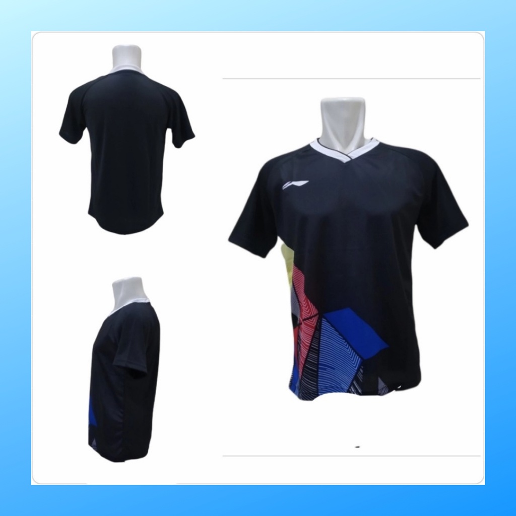 Kaos badminton pria jersey bulutangkis baju atasan jersy wanita dewasa t-shirt outfit seragam kostum olahraga casual suit pakaian jarsey oblong apparel sports jersi bulu tangkis L156 hitam polos