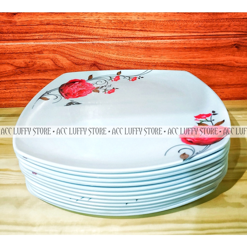 4 Pcs Piring Ceper Kotak Melamin Motif Bunga - Piring Saji Melamin 23cm Motif - Piring melamin Motif